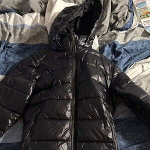 Guess Black Shiny Puffer Jacket with Hood